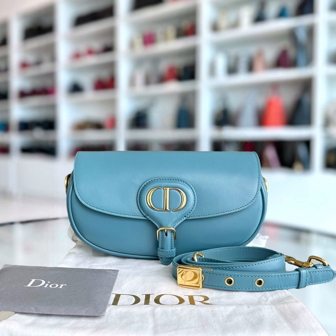 Dior Bobby East West - Smooth Calfskin Shoulder Bag Blue Gold Hardware
