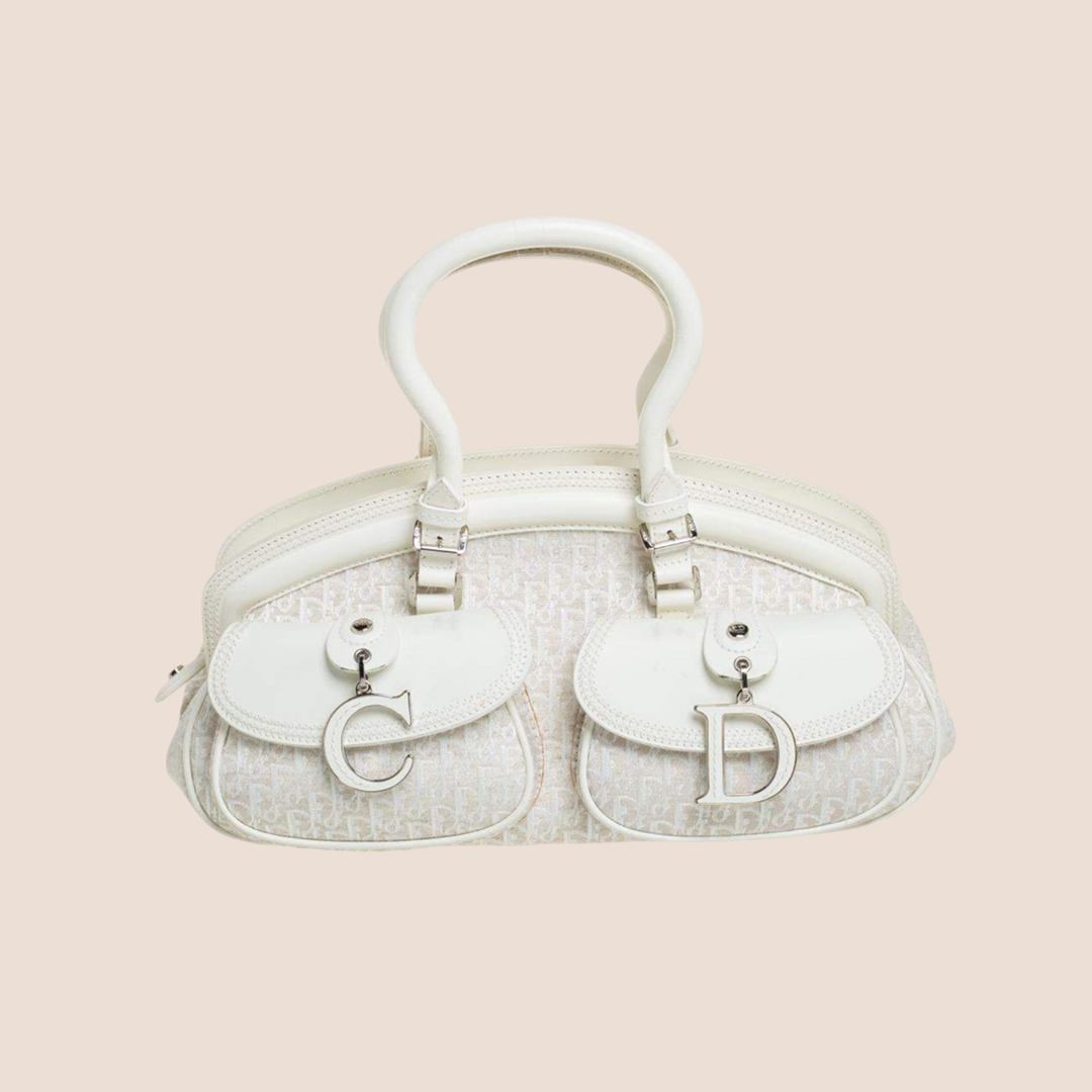 CHRISTIAN DIOR 2005 WHITE OBLIQUE CANVAS & LEATHER DETECTIVE BAG