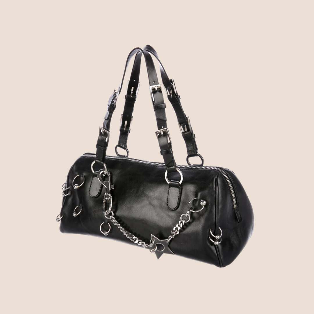 CHRISTIAN DIOR 2004 HARCORE PIERCED BLACK LEATHER BOSTON BAG