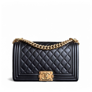 Chanel Boy Medium - Calfskin 25CM Quilted Black Gold Hardware Series 25