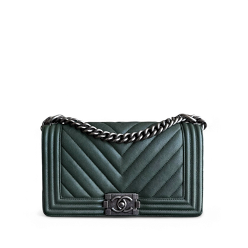 Chanel Boy Medium - Caviar 25CM Chevron Dark Green Ruthenium Silver Hardware Series 26