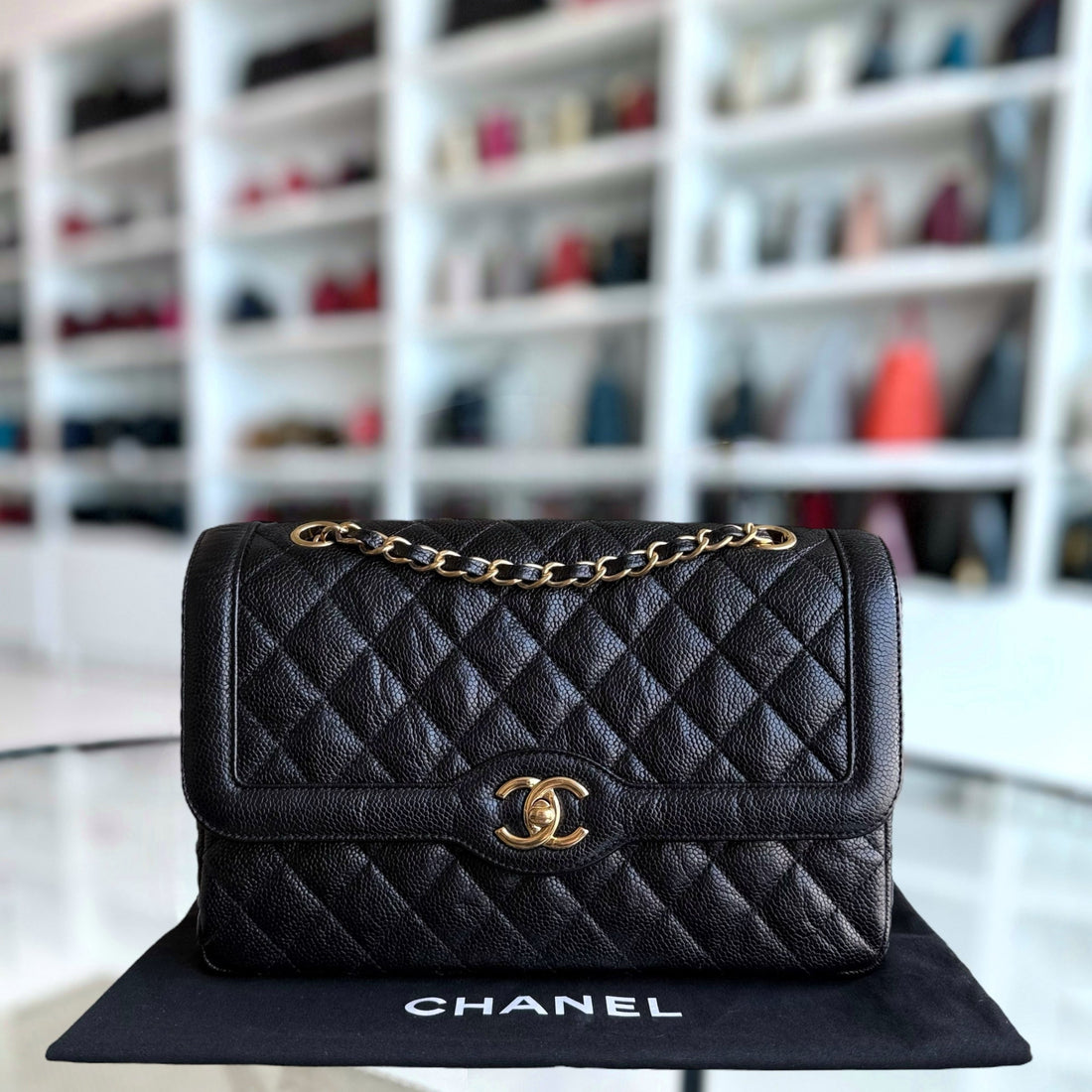 Chanel Seasonal Two-Tone Flap - Caviar 28CM Quilted Black Gold Hardware Series 21