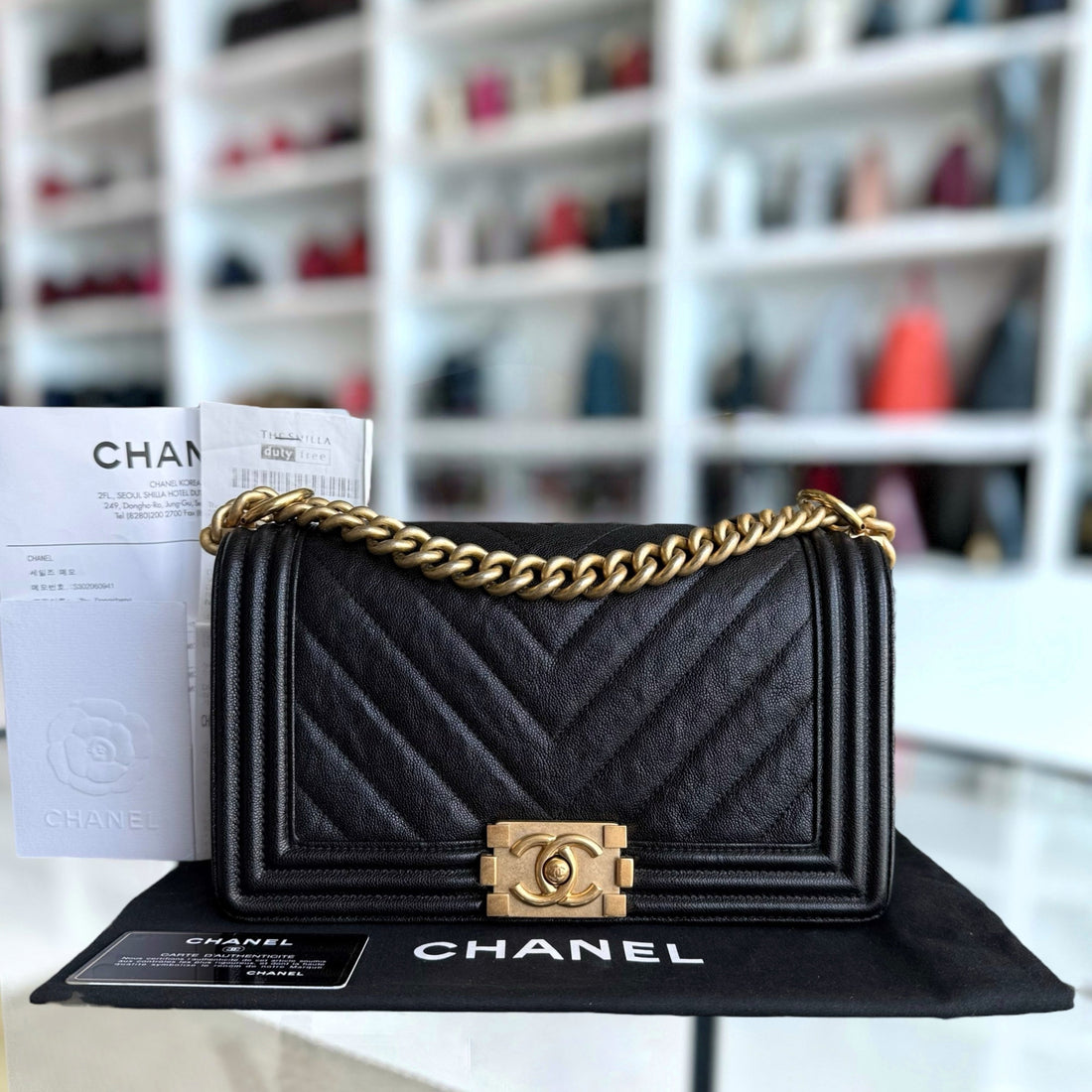 Chanel Boy Medium - Caviar 25CM Chevron Black Gold Hardware Series 26