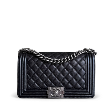 Chanel Boy Medium - Caviar 25CM Quilted Black Ruthenium Silver Hardware Series 19