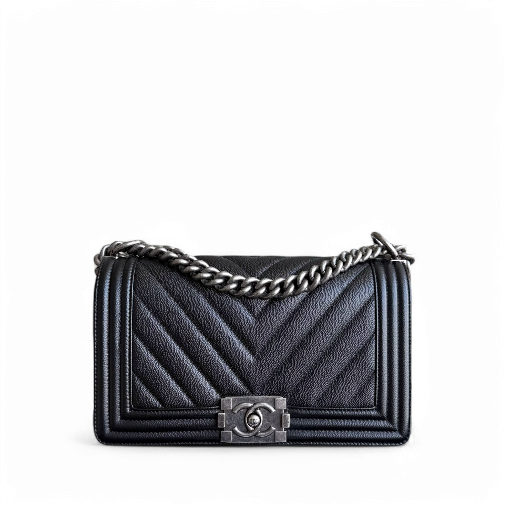 Chanel Boy Medium - Caviar 25CM Chevron Black Ruthenium Silver Hardware Series 24