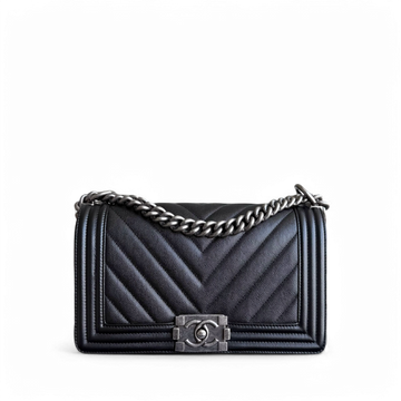 Chanel Boy Medium - Caviar 25CM Chevron Black Ruthenium Silver Hardware Series 24