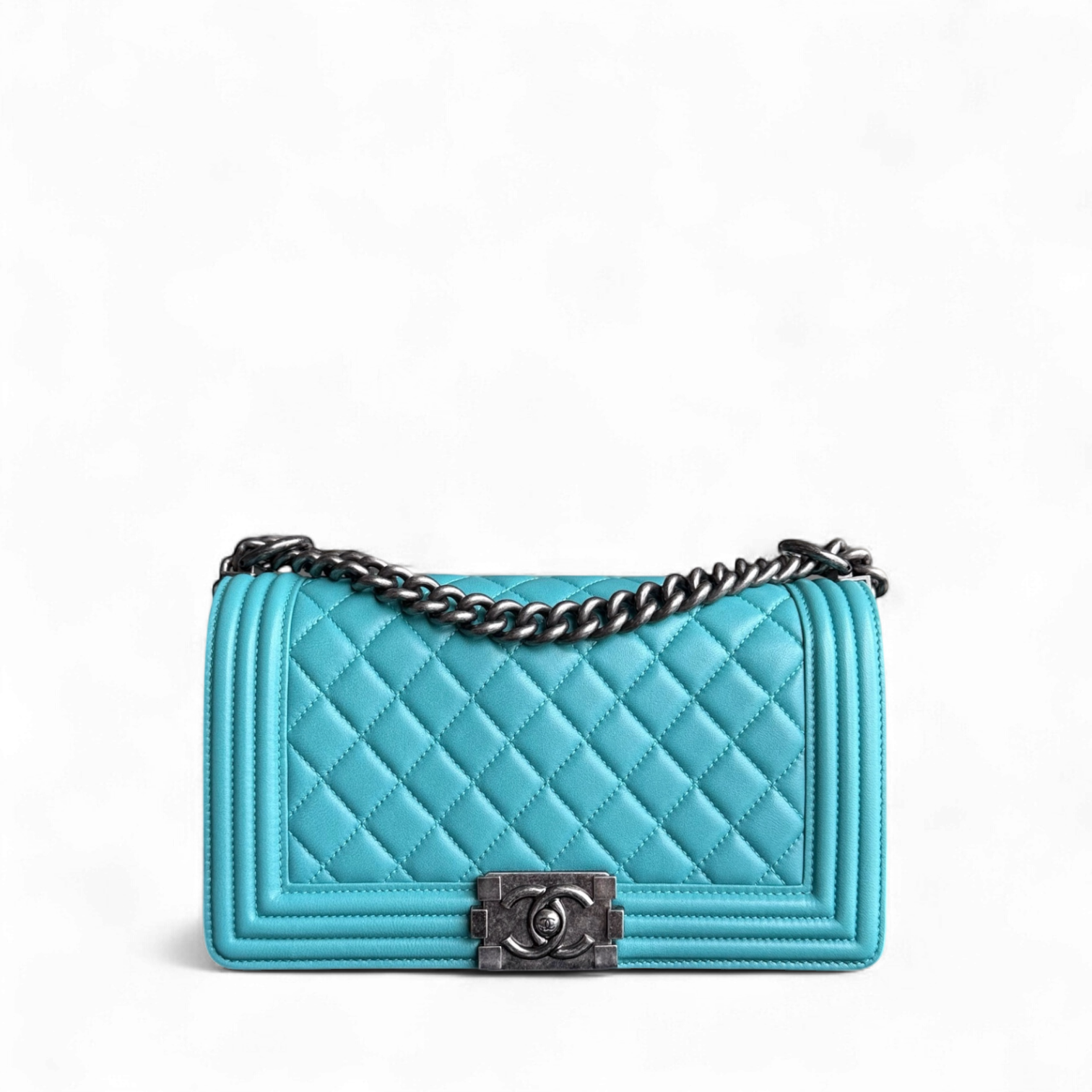 Chanel Boy Medium - 25CM Quilted Lambskin Blue Ruthenium Silver Hardware Series 19