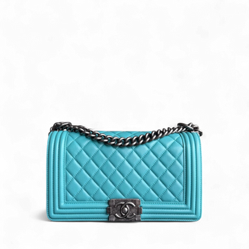 Chanel Boy Medium - 25CM Quilted Lambskin Blue Ruthenium Silver Hardware Series 19