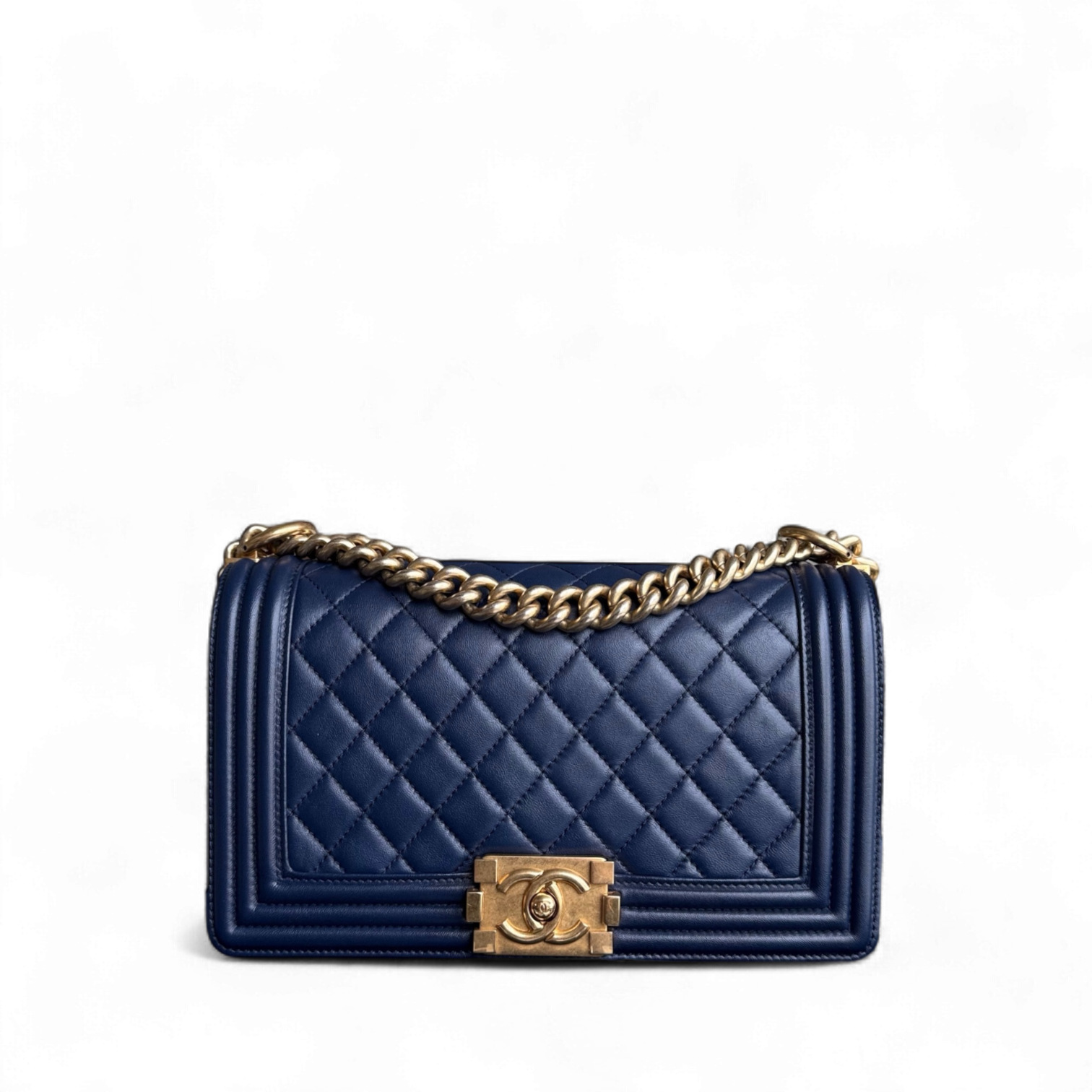 Chanel Boy Meidum - 25CM Quilted Lambskin Dark Blue Gold Hardware Series 21