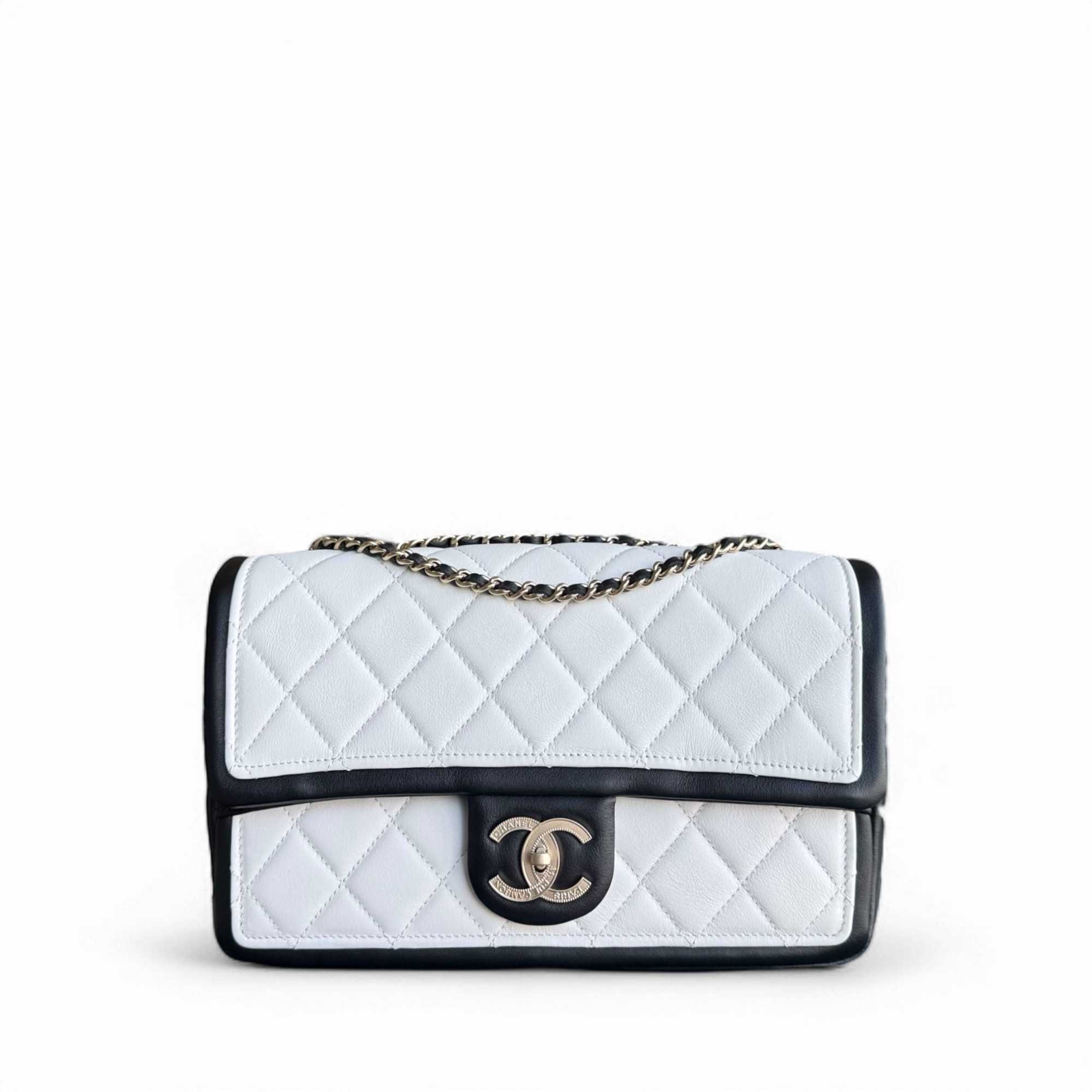 Chanel Seasonal Flap - 25CM Quilted Lambskin Bi-Color White Black Gold Hardware Series 20