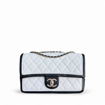Chanel Seasonal Flap - 25CM Quilted Lambskin Bi-Color White Black Gold Hardware Series 20