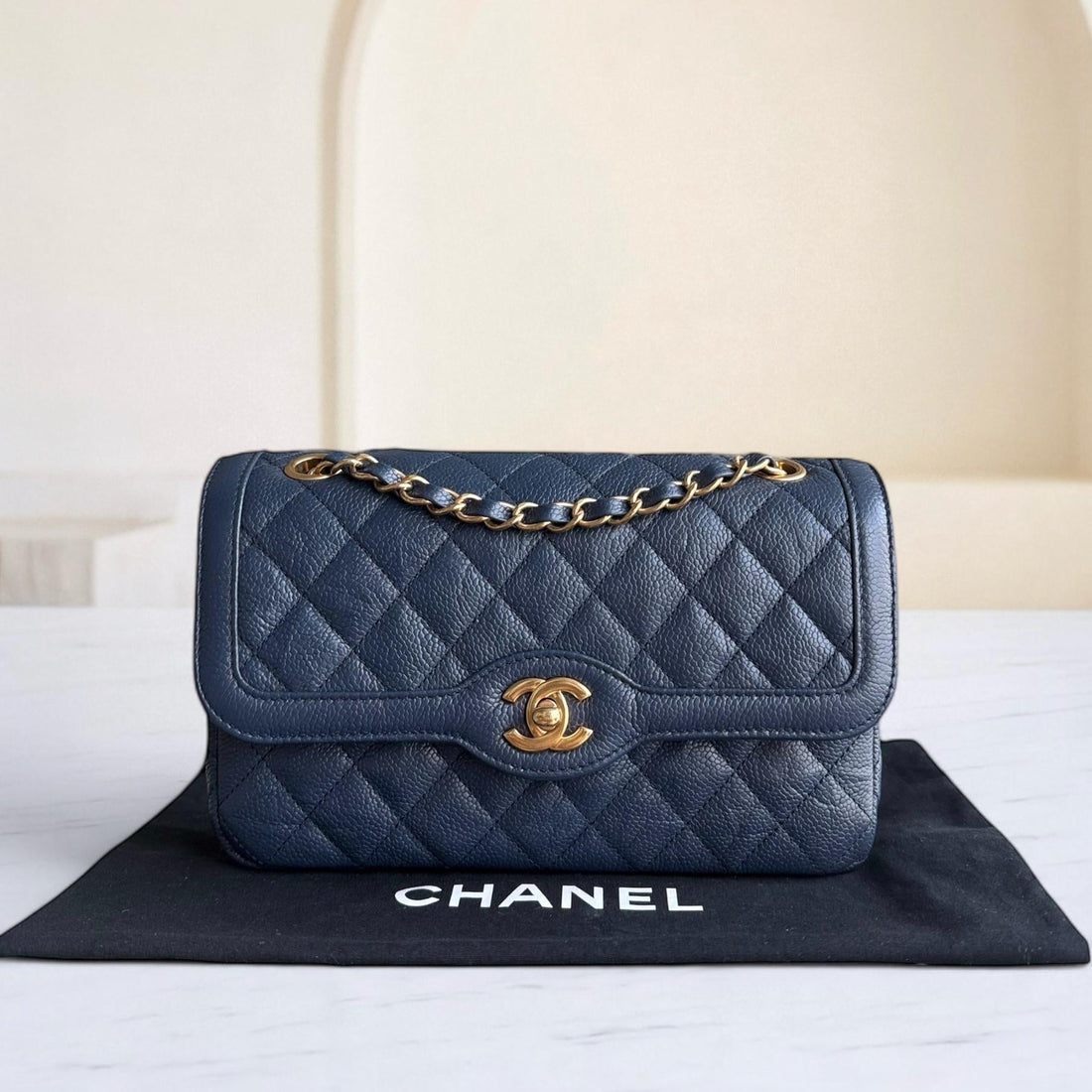 Chanel Two Tone Flap - 23CM Small Crumpled Grained Calfskin Navy Blue Gold Series 21