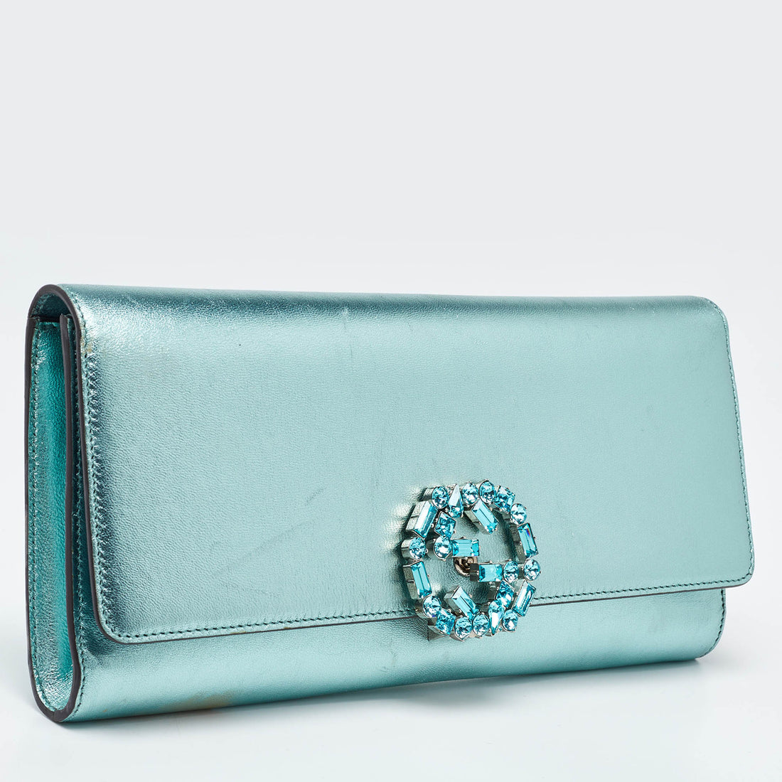 Gucci  Leather Crystal Interlocking G Broadway Clutch