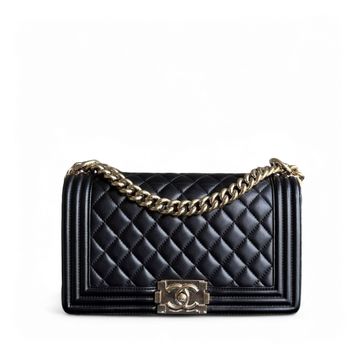 Chanel Boy Medium - 25CM Quilted Lambskin Black Gold Hardware Series 22