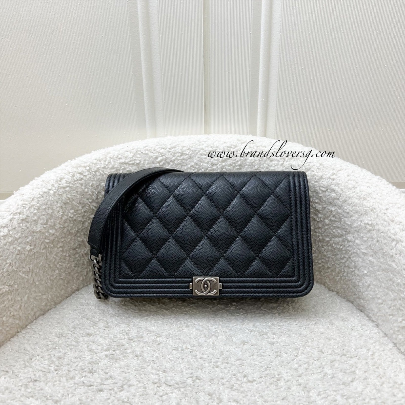 Chanel Boy Wallet on Chain WOC in Black Caviar and RHW