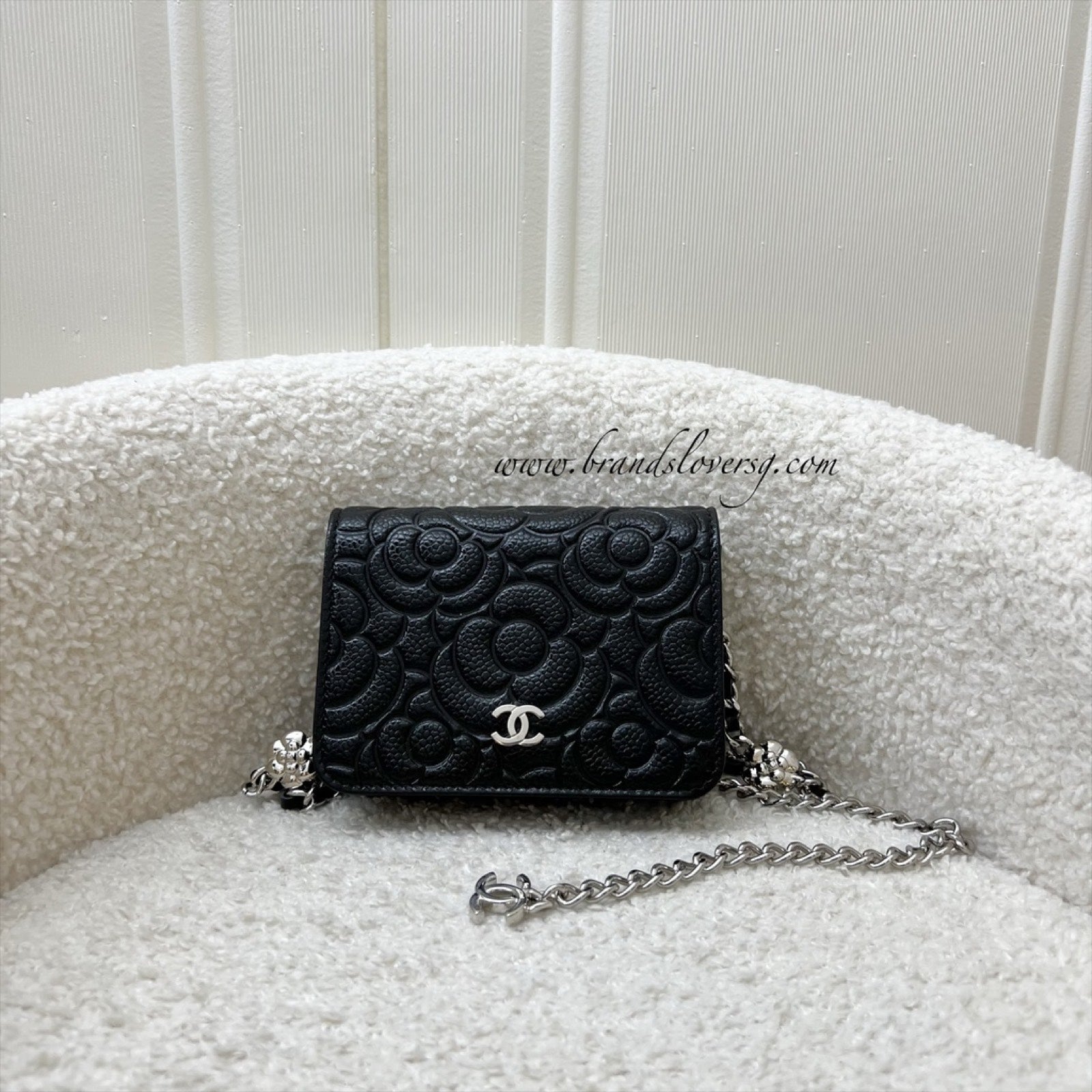 Chanel 20K Camellia Micro Flap / Clutch on Chain Belt Bag in Black Caviar and SHW