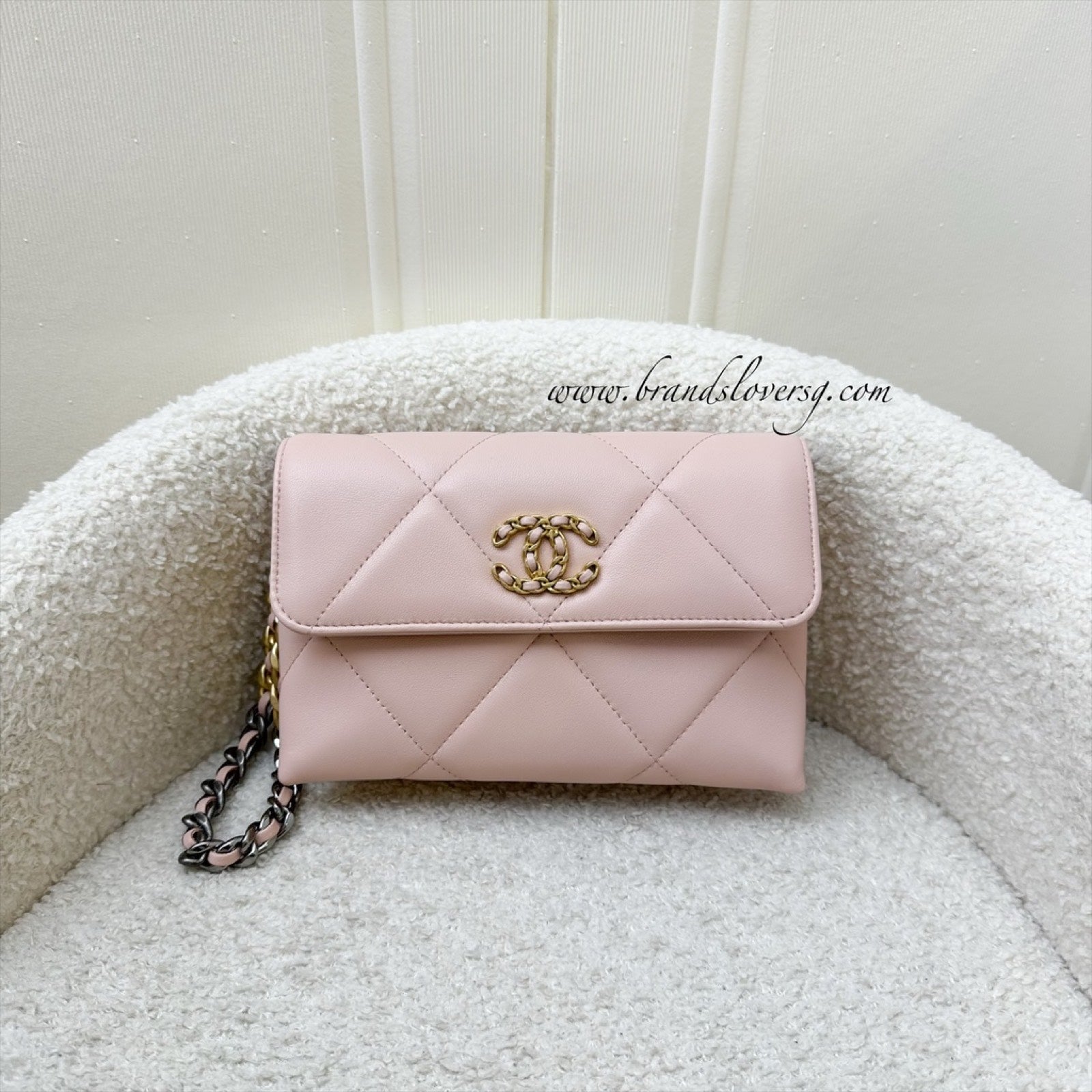 Chanel 19 Wristlet / Clutch in Pink Lambskin and 3-tone HW