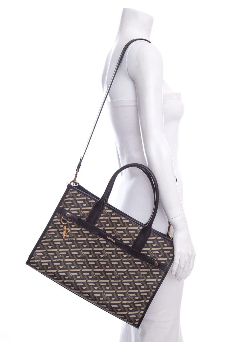 Versace Green Top Handle La Greca Print Tote
