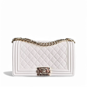 Chanel Boy Medium - Caivar 25CM Quilted Cream White Shiny Gold Hardware Series 28