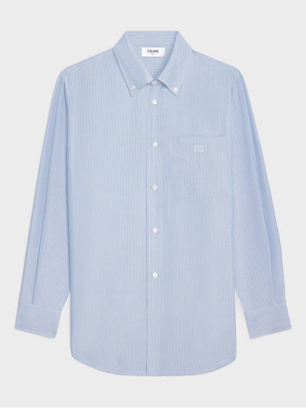CELINE Tomboy Striped Silk Long Sleeve Shirt Light Blue