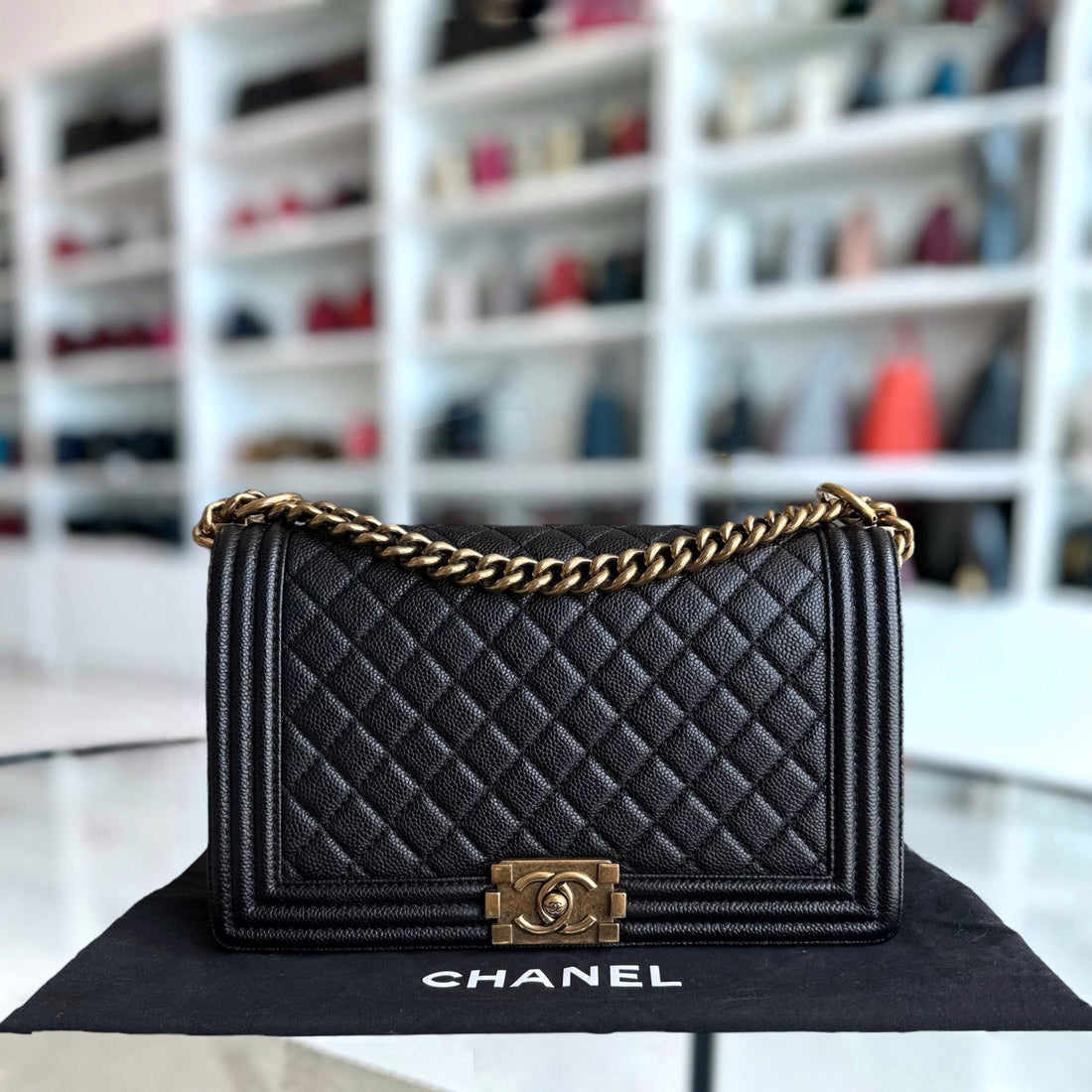 Chanel Boy Medium - Caviar 28CM Quilted Black Gold Hardware Series 20