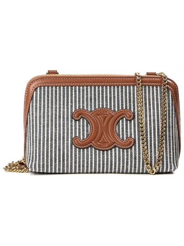 CELINE Cuir Triomphe Striped Textile Calfskin Chain Cluth Bag Navy Blue