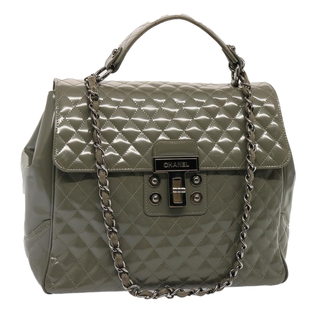 Top Quality Chanel Matelasse Turn Lock Hand Bag Enamel 2way Gray CC Auth ep4178