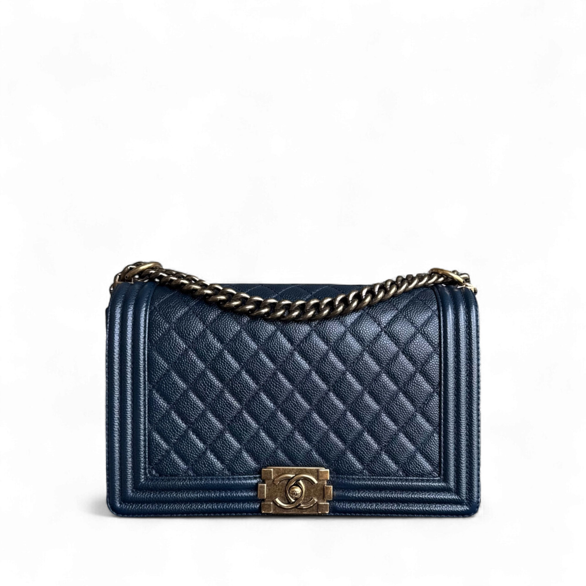 Chanel Boy New Medium - Caviar 28CM Quilted Dark Blue Ruthenium Gold Hardware Series 19