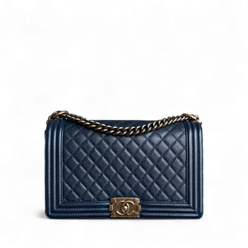 Chanel Boy New Medium - Caviar 28CM Quilted Dark Blue Ruthenium Gold Hardware Series 19
