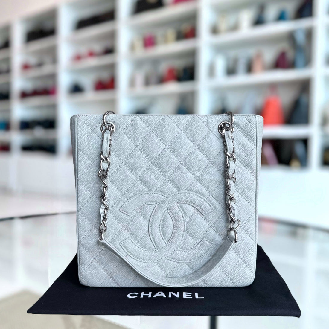 Chanel PST Petite Shopping Tote - Caviar Quilted Light Mint Cyan Silver Hardware