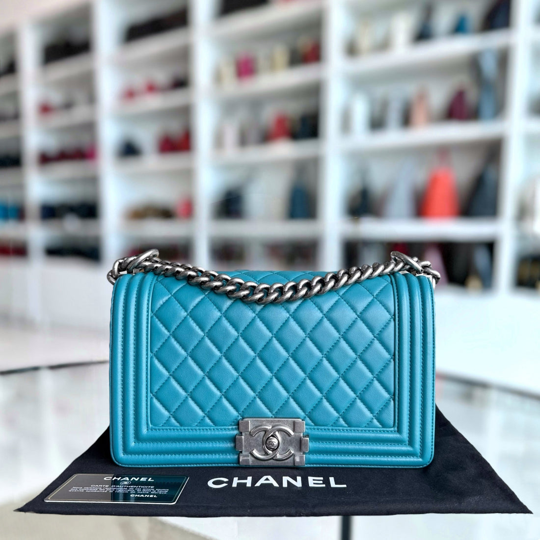 Chanel Boy Medium - 25CM Quilted Lambskin Blue Silver Hardware Series 19
