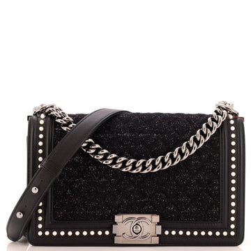 CHANEL Boy Flap Bag Quilted Tweed with Pearl Embellished Calfskin Old Medium