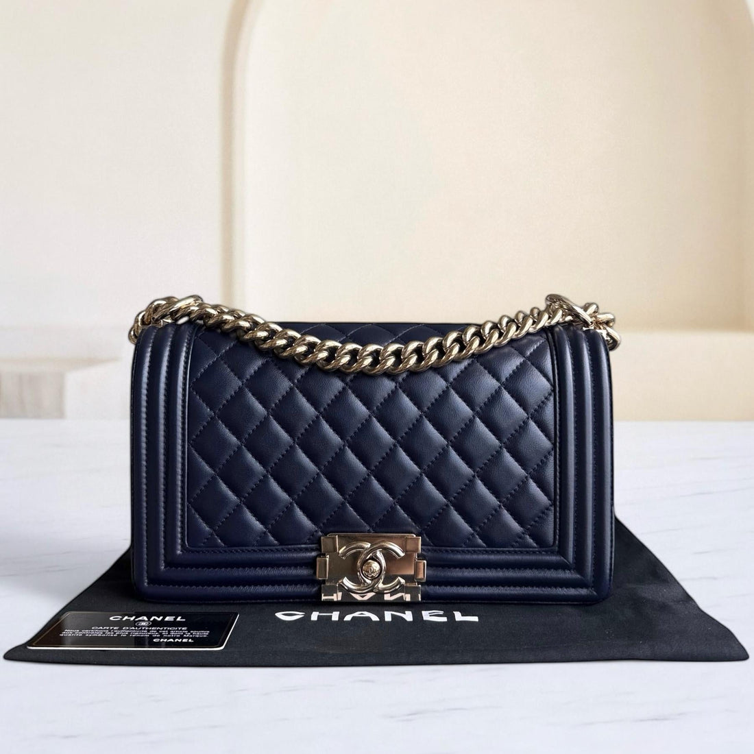Chanel Boy Medium - 25CM Quilted Lambskin Dark Navy Blue Gold Hardware Series 22