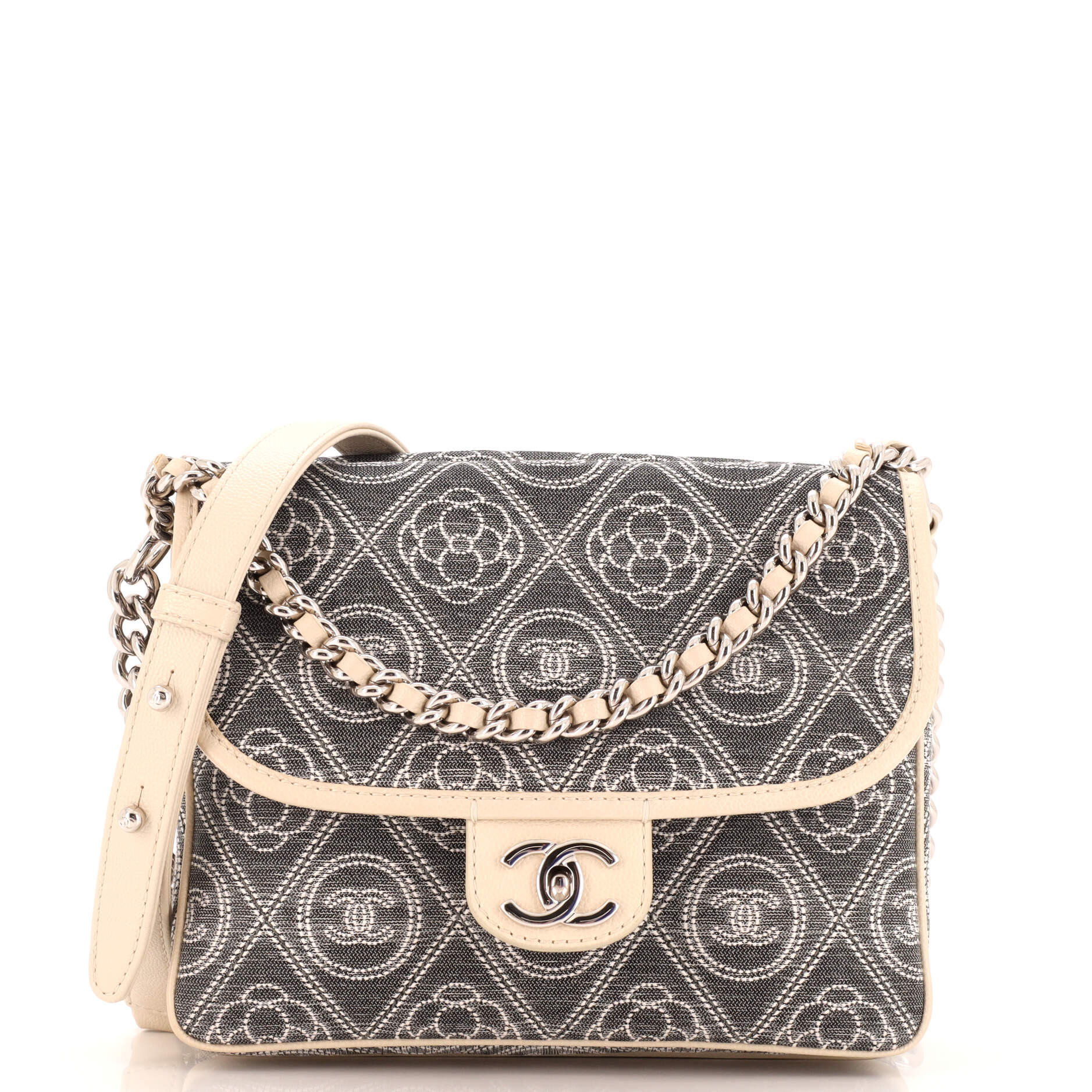 CHANEL Camellia Double Side Flap Bag Quilted Printed Canvas Small