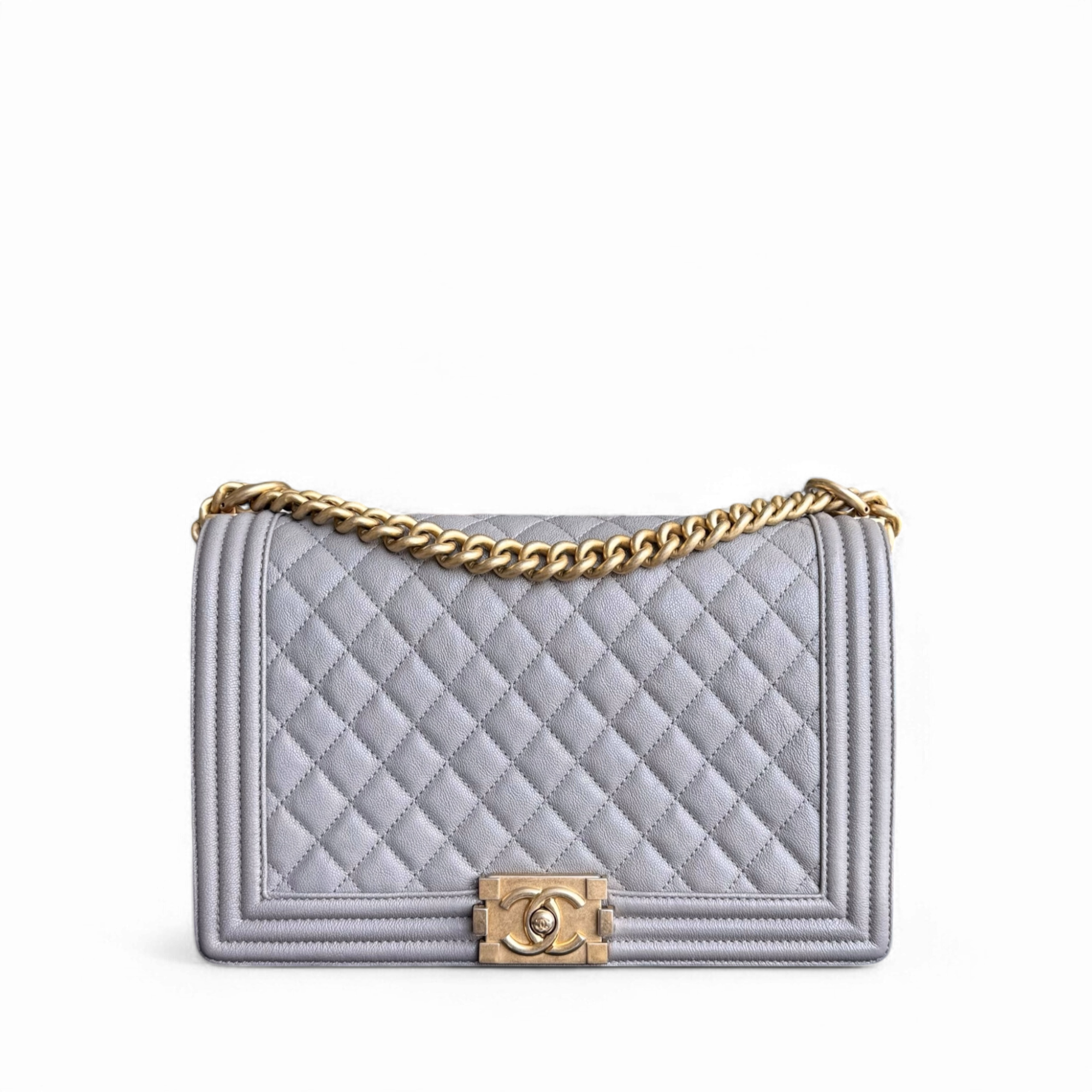 Chanel Boy Medium - Caviar 28CM Quilted Grey Gray Gold Hardware Series 26