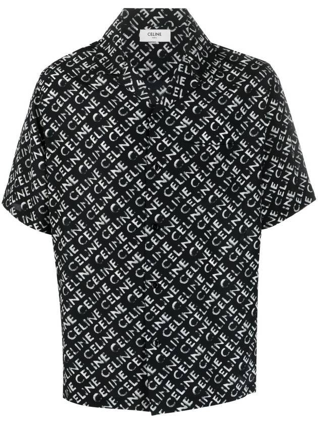 CELINE All Over Logo Hawaiian Silk Short Sleeve Shirt Black