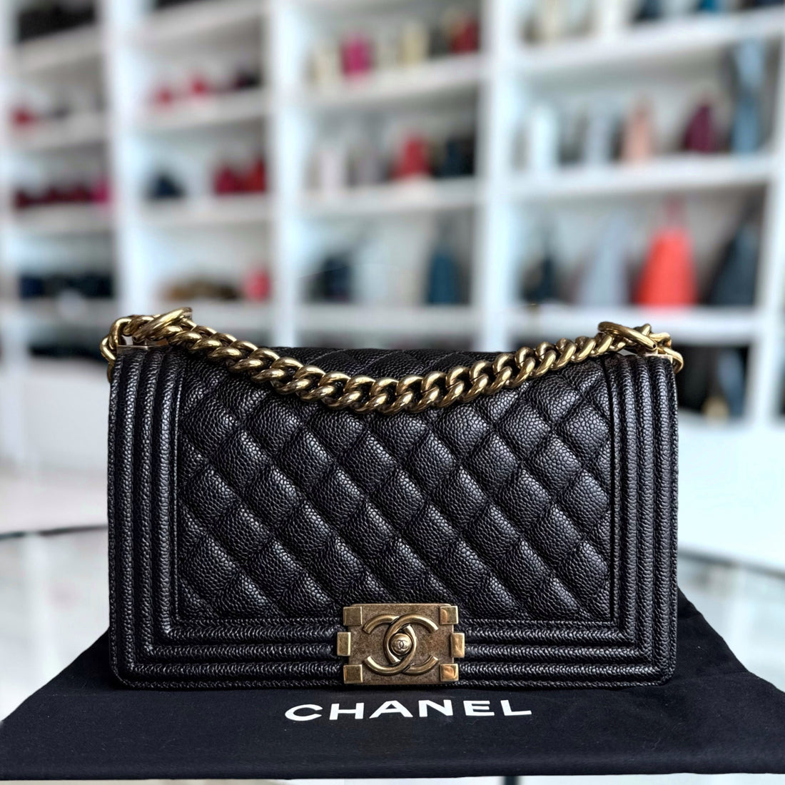 Chanel Boy Medium - Caviar 25CM Quilted Black Ruthenium Gold Hardware Series 20