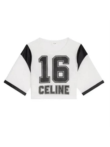 CELINE WoMen's 16 Print Jersey Mesh Crop Short Sleeve T-Shirt Black White