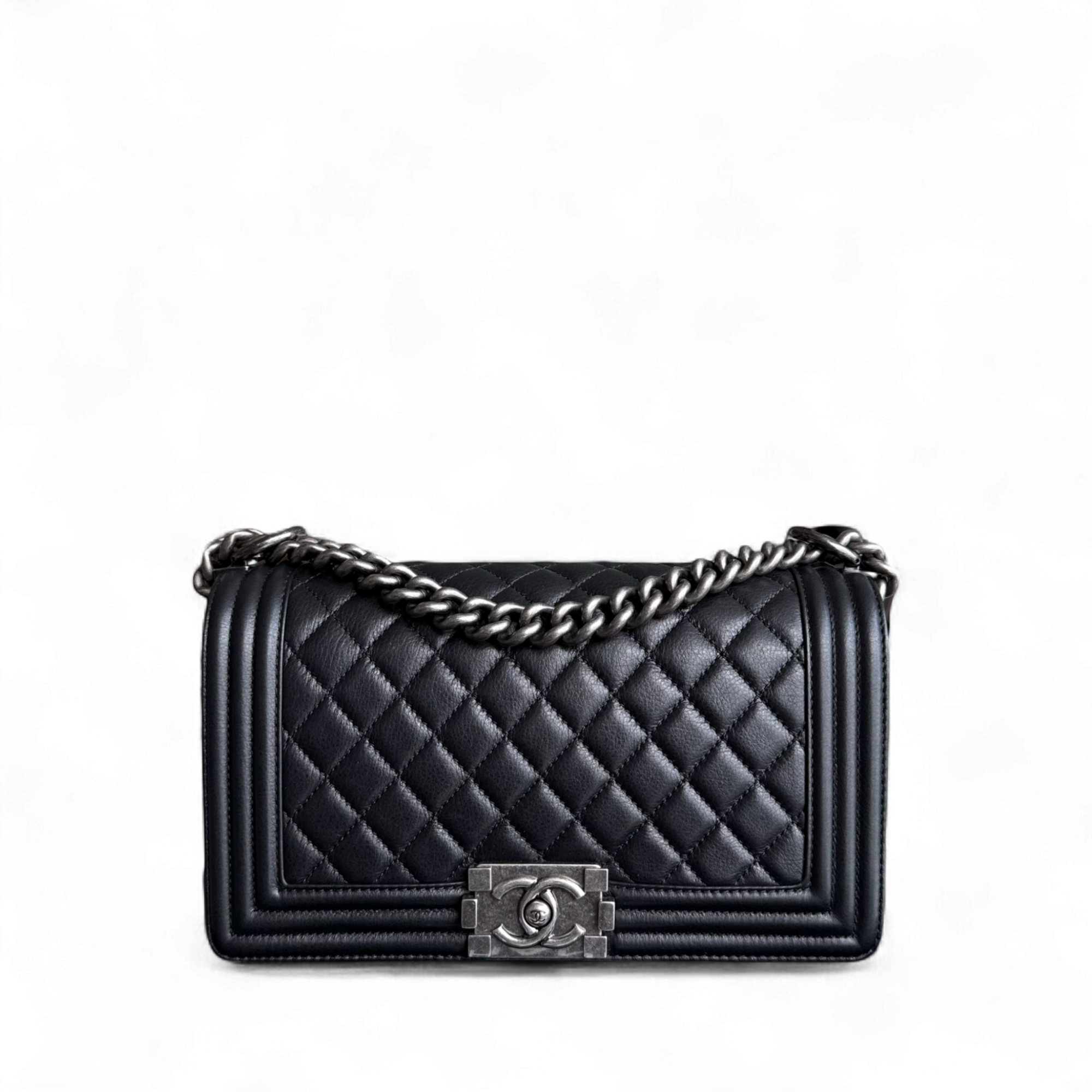 Chanel Boy Medium - 25CM Quilted Calfskin Black Ruthenium Silver Hardware Series 19