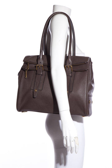 Belstaff Brown Grained Leather Dual Fold Zipper Top Handle Bag