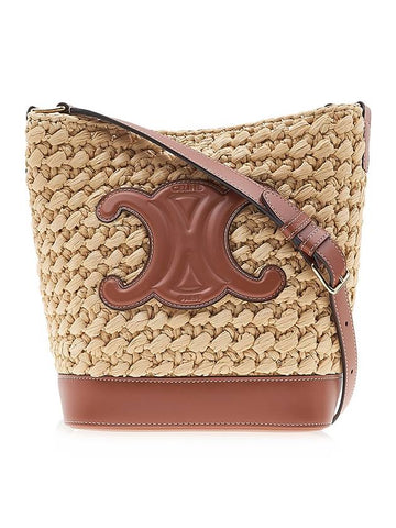 CELINE Cuir Triomphe Small Raffia Bucket Cross Bag Natural