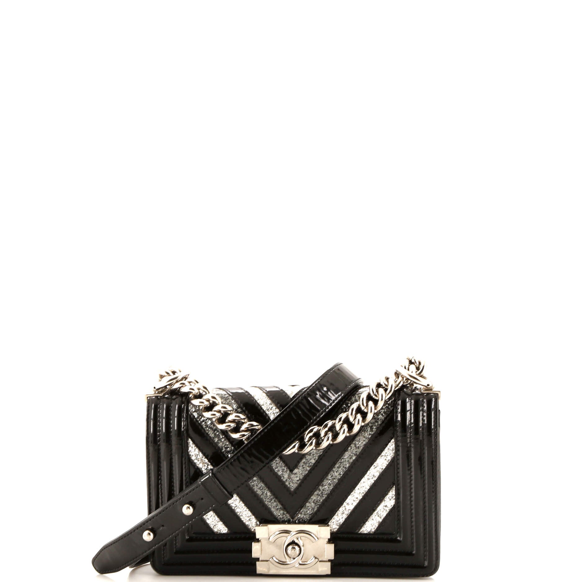 CHANEL Boy Flap Bag Chevron Patent with Glitter PVC Small