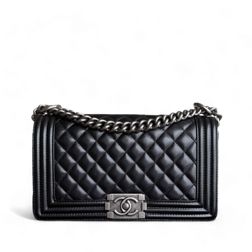 Chanel Boy Medium - Caivar 25CM Quilted Black Ruthenium Silver Hardware