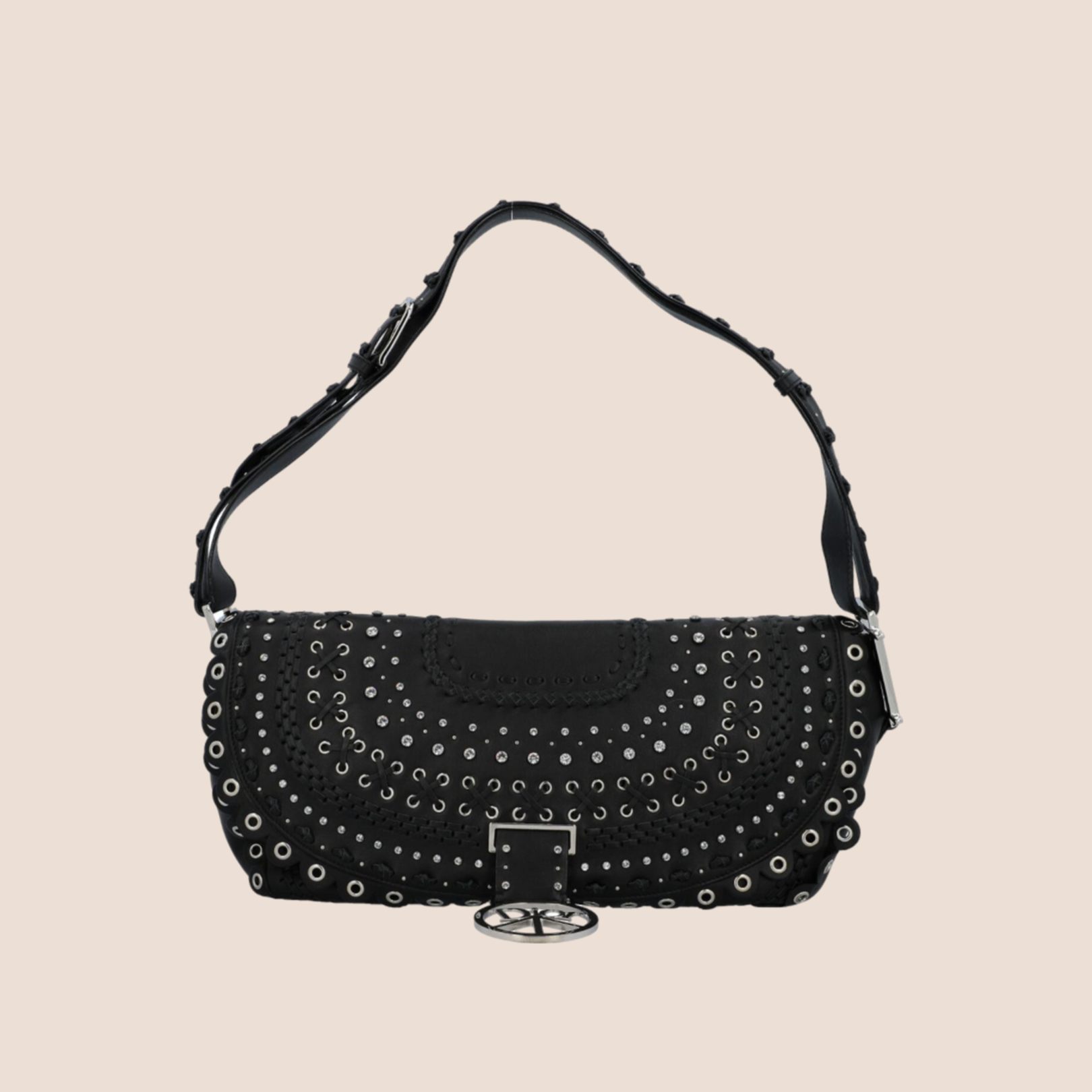 CHRISTIAN DIOR BLACK STUDDED CRYSTAL PEACE LOGO SHOULDER BAG