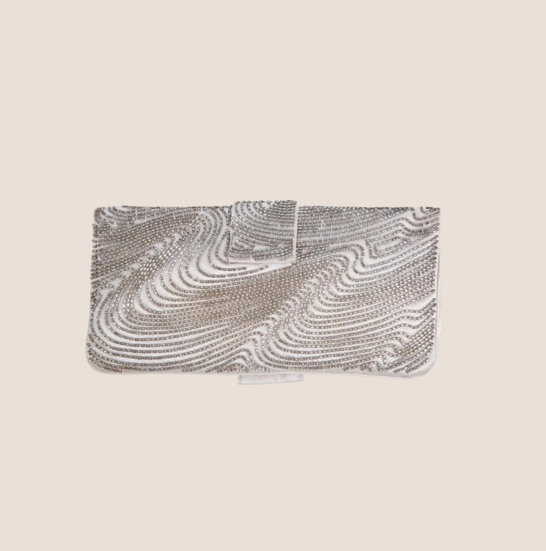 CHRISTIAN DIOR BEADED SILVER SATIN LOGO CLUTCH