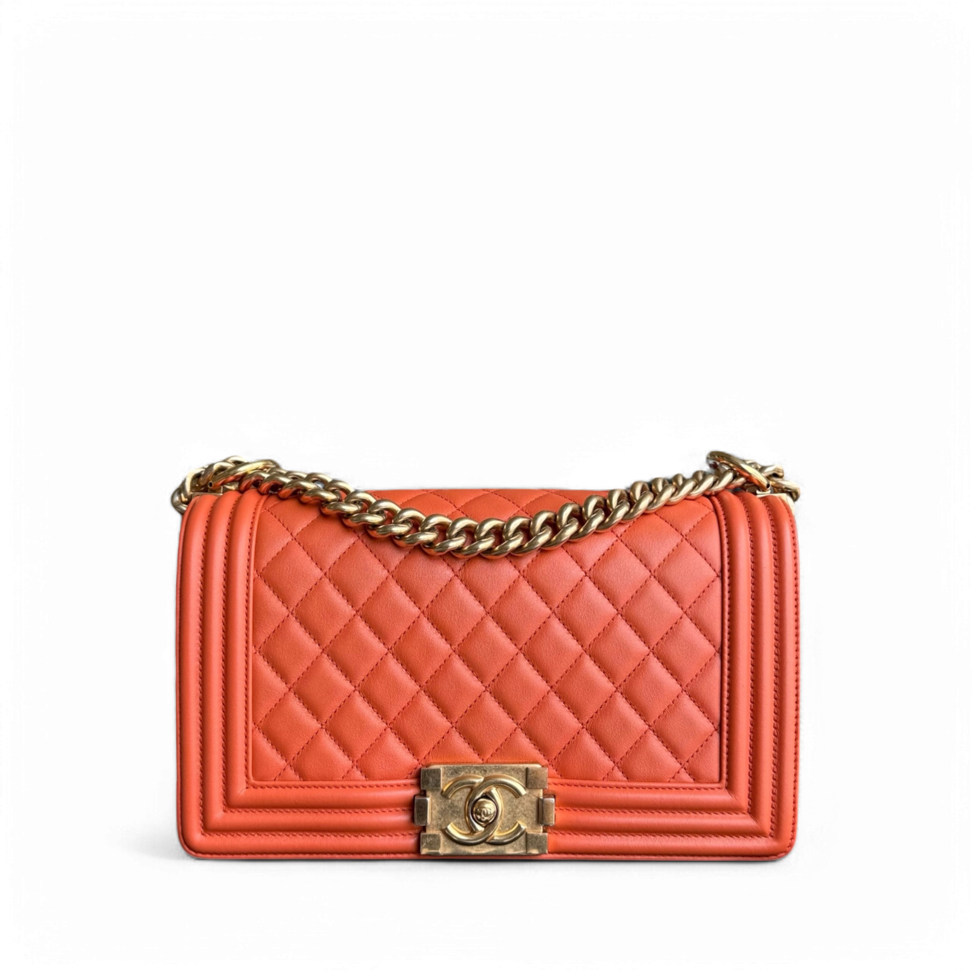Chanel Boy Medium - 25CM Quilted Clafskin Caramel Aged Gold Hardware Series 20