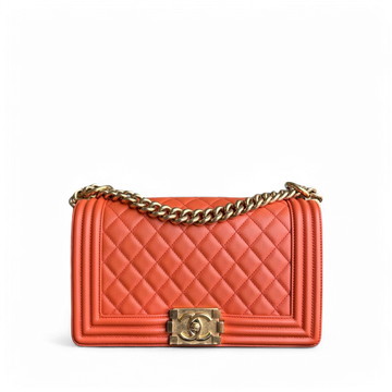 Chanel Boy Medium - 25CM Quilted Clafskin Caramel Aged Gold Hardware Series 20
