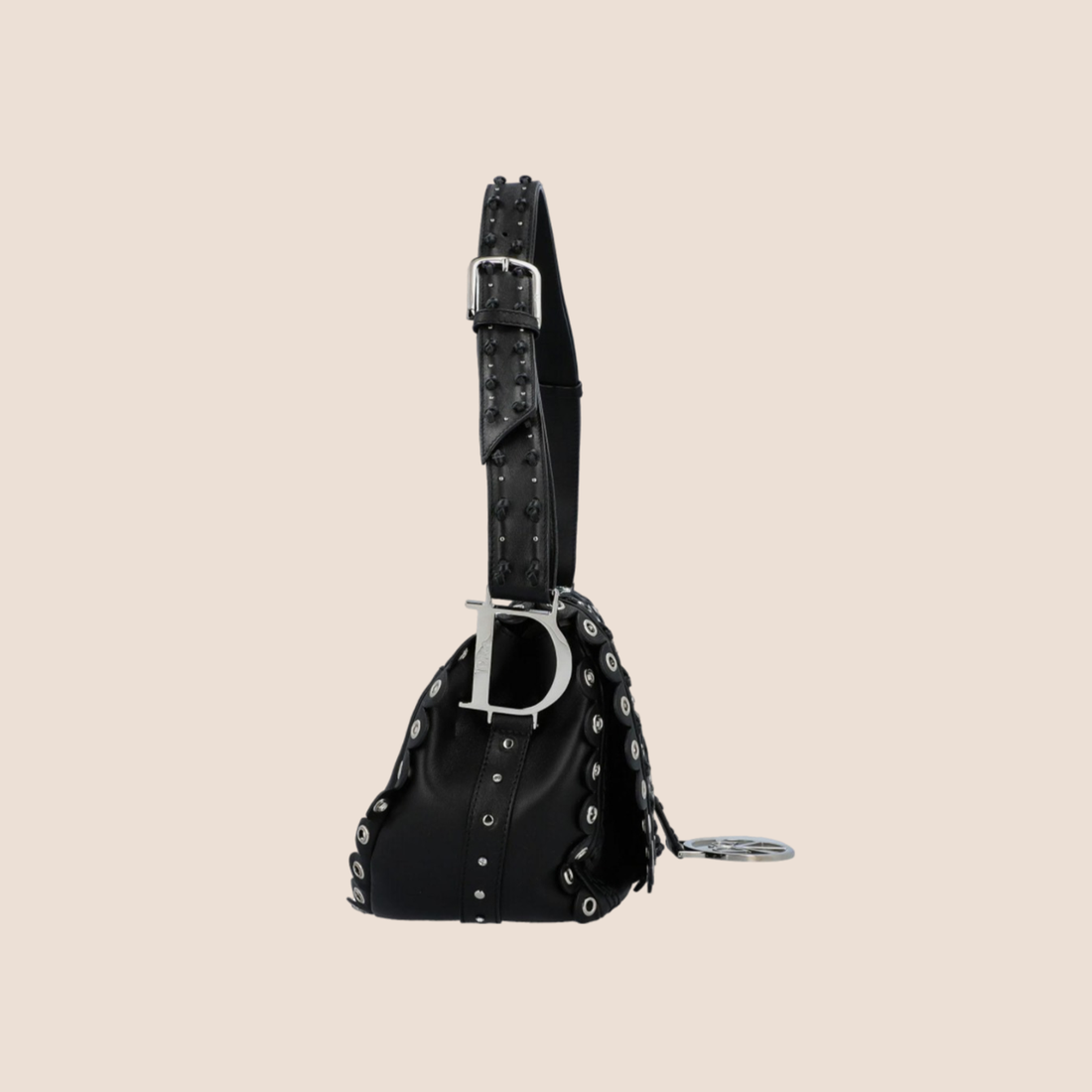 CHRISTIAN DIOR BLACK STUDDED CRYSTAL PEACE LOGO SHOULDER BAG