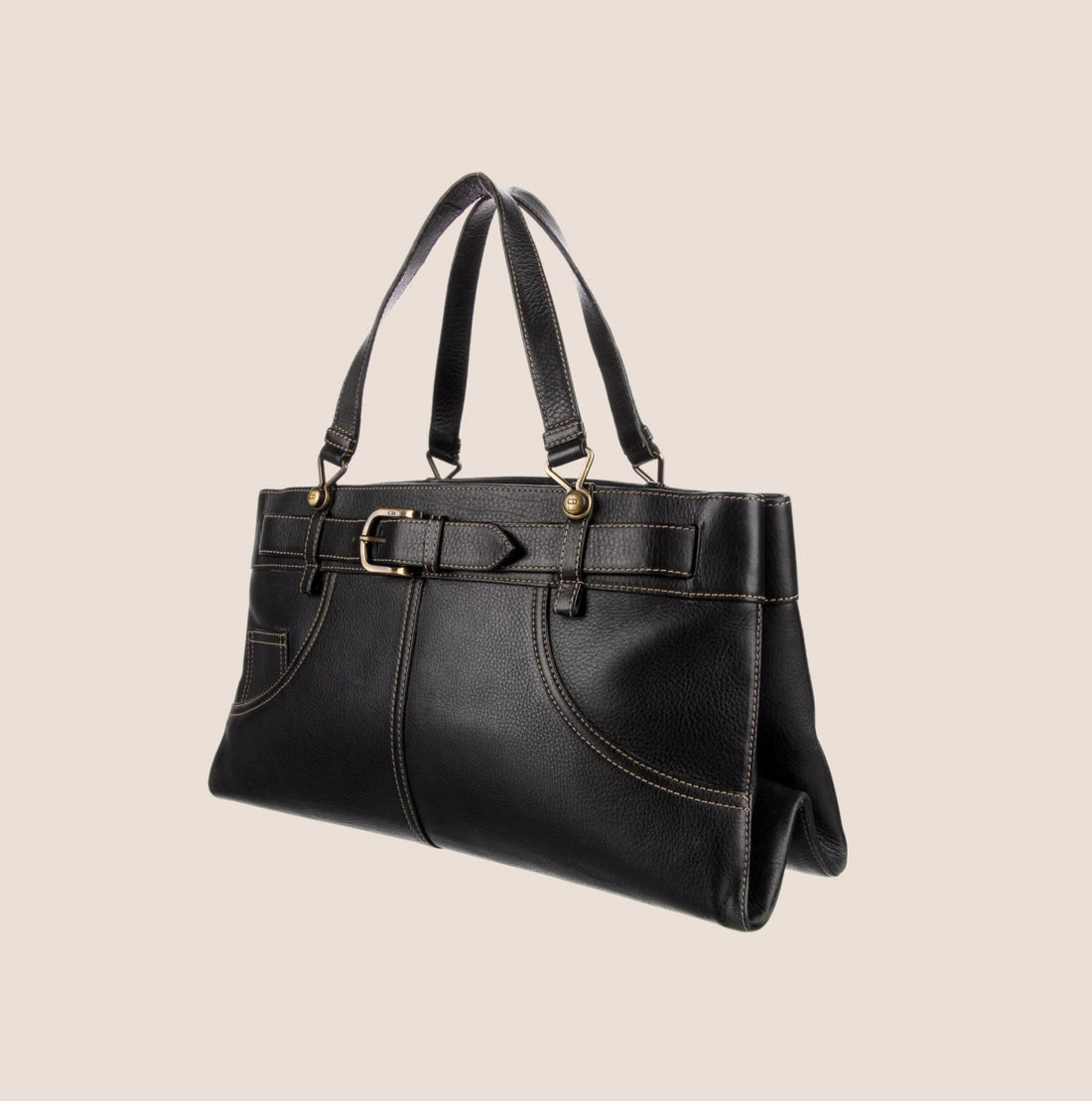 CHRISTIAN DIOR BLACK LEATHER BELTED EVERYDAY BAG