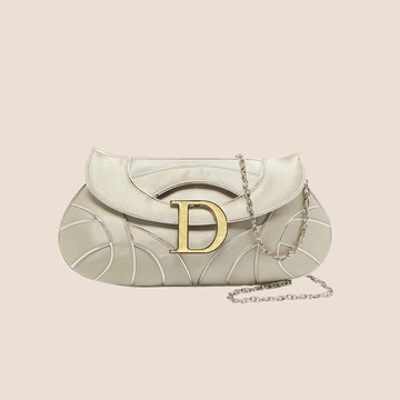 CHRISTIAN DIOR GREY & SILVER SATIN FLAP CRYSTAL CHAIN CLUTCH